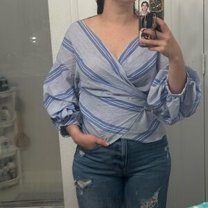 Blue Striped Wrap Blouse with Balloon Sleeves